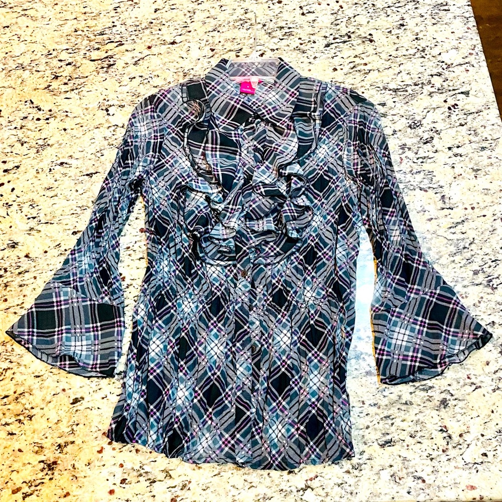 Button down front, ruffle details, sheer & pleated, bell sleeves